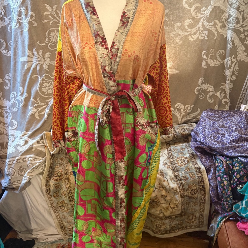 Multicolor Vintage Kimono Made From Repurposed Indian Silk